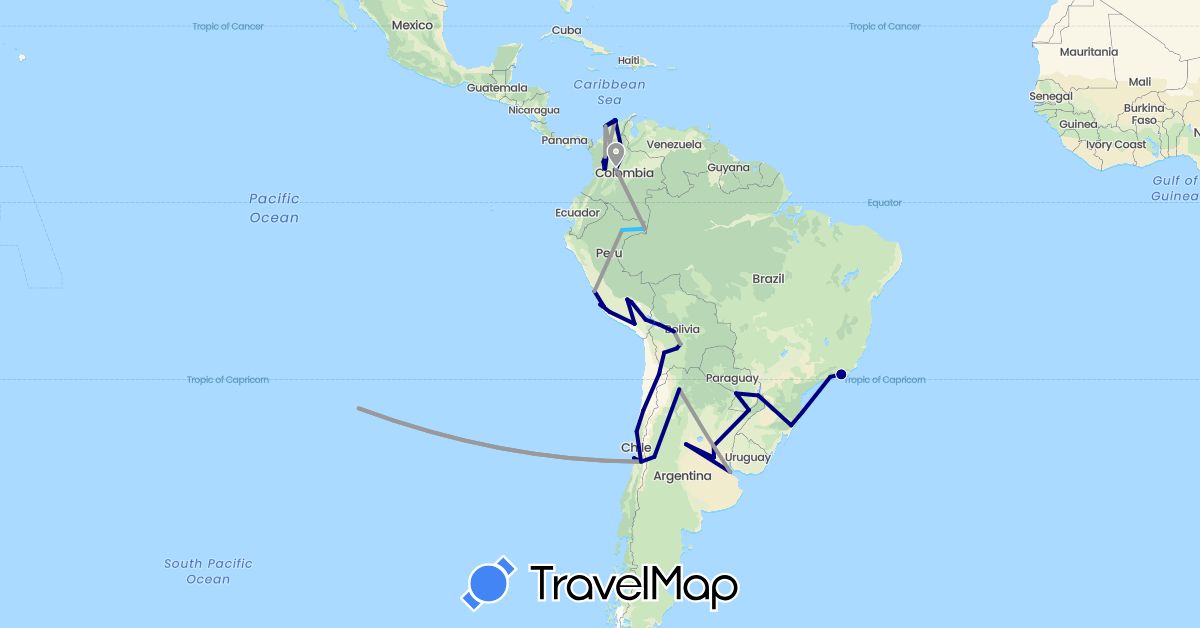 TravelMap itinerary: driving, plane, boat in Argentina, Bolivia, Brazil, Chile, Colombia, Peru, Paraguay (South America)